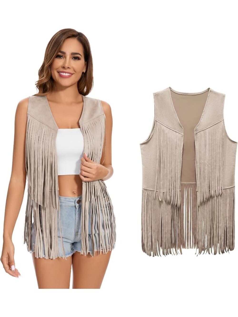 Women's Apricot Fringe Vest 70s Hippie Vest Sleeveless Cowgirl Western Jacket